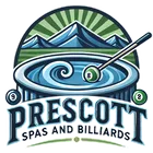 Logo for Prescott Spas and Billiards: hot tub with a pool cue, mountains, and the text.